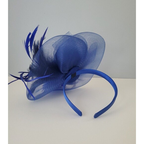 Blue Fascinator Floral Feather Mesh Headband Church Cocktail Wedding Derby Hat - Picture 7 of 10